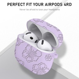 Valkit for AirPods 4th Generation Case Cover 2024 with Cute Flower Engraved,Silicone Case with Cleaner Kit & Keychain Compatible Compatible with Airpods 4 Case for Women,Men(Lavender)