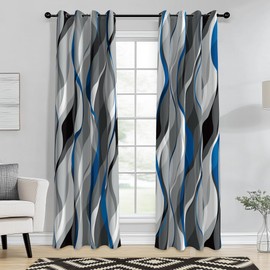 weesire Blue and Grey Curtains Modern Striped Decorative 50% Light Blocking Darkening Grommet Blue Curtain for Living Room Villa, Bedroom Gray and Blue 2 Panels Set, 52x63 Inches