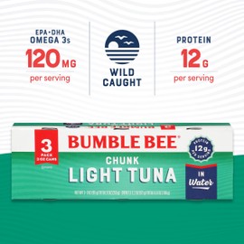 Bumble Bee Chunk Light Tuna In Water, 3 oz Cans (8 Packs of 3, 24 Cans Total) - Wild Caught Skipjack Tuna - 12g Protein Per Serving - MSC Certified Sustainable Seafood, Non-GMO, Gluten Free, Kosher