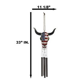 Ebros Gift Large Rustic Western Patriotic Tribal Bison Bull Cow Skull with US American Flag and Turquoise Beads Decorative Wind Chime Garden Patio As Wildlife Hanging Mobile Figurine