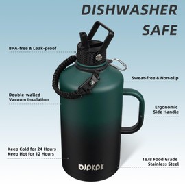 BJPKPK 1 Gallon Water Bottle Insulated with Straw Lid, 50oz,64oz,87oz,128oz Large, Stainless Steel Water Bottles with 3 Lids and Paracord Strap,Double Wall Vacuum Metal Water Jug,Army Green&Black