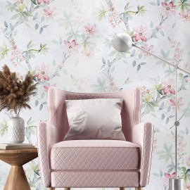 Wallquest Off White green tree branches leaves blooming pink flowers botanical Wallpaper - sample 8.5 inches x 11 inches
