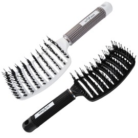 1st Deer Detangling Nylon Bristle Brush, 2 pcs Styling Hair Brush, Curved Vented Hairbrush for Faster Drying, Detangler for Dry Wet Long Thick Curly Straight Hair (White, Black)