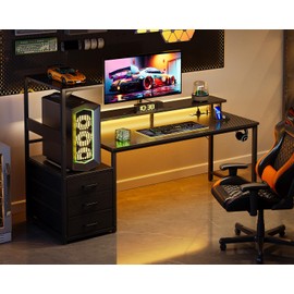 Casaottima 59 Inch Gaming Desk with USB Charging Ports & LED Light - Reversible Computer Desk with 3 Fabric Drawers, Monitor Stand, CPU Stand, and Side Hook, Modern Office Desk, Black