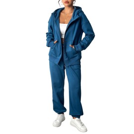 PINSPARK Track Suits for Women Set Drawstring Jogger Pants Oversized Zip Up Sweatshirt Casual Loungewear Set Travel Lake Blue XL