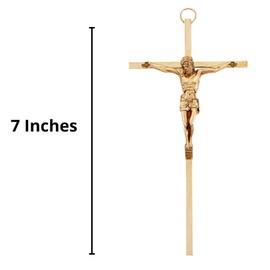 Simple Gold Toned Metal Decorative Hanging Wall Cross Crucifix, 7 Inch