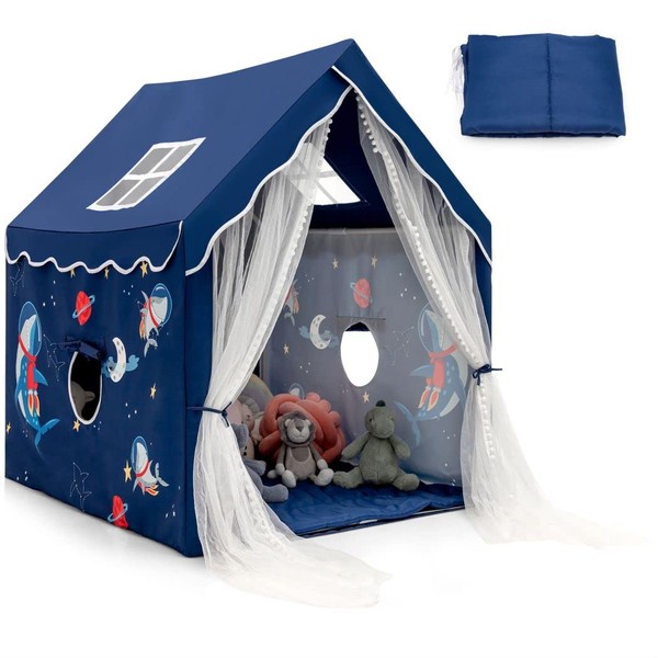 COSTWAY Kids Play Tent, Large Children Playhouse with Washable Mat and Windows, Indoor Outdoor Castle Fairy Tents for Boys & Girls (Blue)