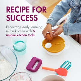 Boon Intro Toddler Food Prep Kids Kitchen Set - Kids Kitchen Accessories - 5 Unique Toddler Kitchen Tools Includes Spatula, Egg Cracker, Kids Chopper, Measuring Cup, and Bowl - Ages 3 Years and Up