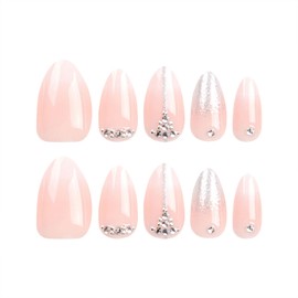 Short Almond Nails - Light Pink&White Gradient Glitter Glue Full Cover Acrylic Artificial Rhinestones Stick on Nails Glossy 24 Pcs