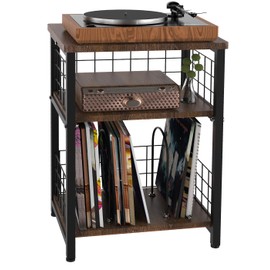 Record Player Stand, 3 Tier End Table with Double Layer Iron Wire Mesh Turntable Stand Vinyl Record Table Storage Up to 100 Albums, Nightstand Small Side Table for Living Room Bedroom, Black