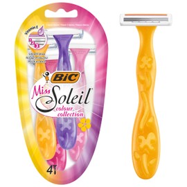 BIC Miss Soleil Colour Collection Lady Razors, maquinillas de afeitar de triple hoja, tira lubricante enriquecida con vitamina E, paquete de 4