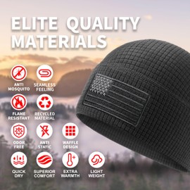 OUTDOOR SHAPING Grid Fleece Beanie with American Flag Embroidery Waffle Tactical Army Military Skull Cap Grey