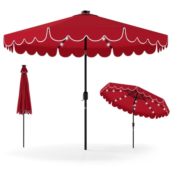 Tangkula 9 FT Solar Patio Umbrella, 2-Tiers Scalloped Outdoor Table