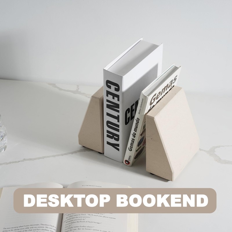 Book End, Natural Marble Bookend for Shelves, Non-Skid Bookends for