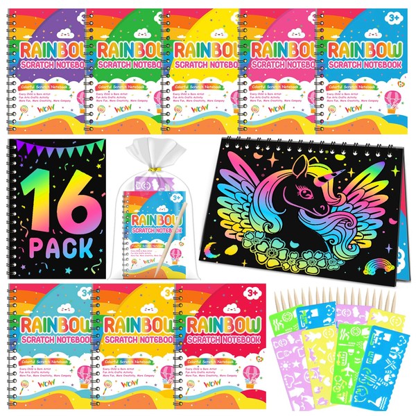 Party Bag Fillers for Kids, 16 Pack Rainbow Scratch Notebook Toys With Wooden Stylus and Drawing Stencils Arts Crafts Kids Toys for 4-7 Years Old Girls Boys Birthday Christmas Classroom Gifts