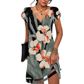 kipfall Summer Dresses for Women Petal Short Sleeve V-Neck Beach Dress Floral Print Dressy Casual Sun Dresses