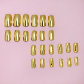 Gold Chrome Press On Nails Short Square, 24pcs Gold Fake Nails Chrome Mirror Gloss Holographicy Solid Color, Stick Glue on Nails, Nail File And Adhesive Tabs Included