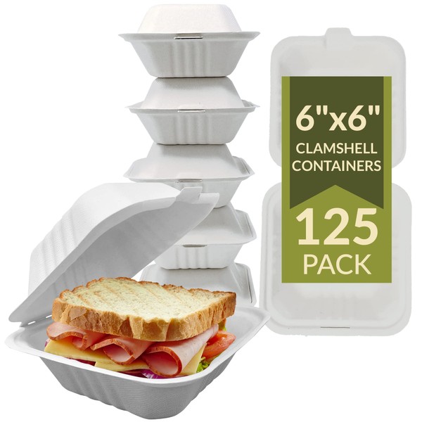 Reli. Compostable Clamshell To-Go Containers (125 Pack Bulk), 6x6 Inch | 1 Compartment | Disposable Food Containers/Take Out Food Box | Biodegradable Bento Cake Box | Bagasse Clam shell | White 6x6