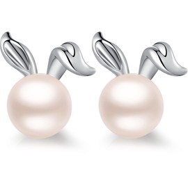 Miaofu Cat Stud Earrings, Pearl Earrings 18K White Gold, Plated 925 Sterling Silver Pearl Earrings, Hypoallergenic Pearl Earrings Hanging with Zirconia 8 - 13 mm Precious Jewellery for Women, Pearl