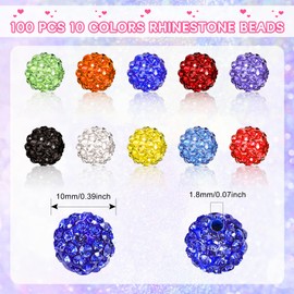 100Pcs 10mm Rhinestone Beads for Crafting, 10 Mixed Colors Polymer Clay Beads, Round Disco Ball Clay Beads, Fancy Sparkle Crystal Clay Bead for Necklace Bracelet Earring Jewelry Making and DIY Craft