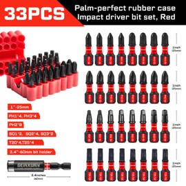 Geinxurn Impact Screwdriver Bits Set, 33 Pieces 1”Multi Head Magnetic S2 Steel Driver Bits PH/SQ/Torx With Red Soft Base