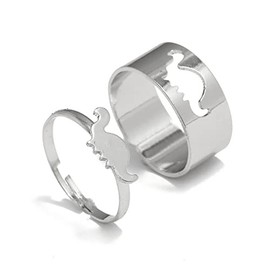 Kicomvi 2Pcs Dinosaur Rings Pinky Promise Matching Dinosaur Couple Ring Glod Plated Dainty Rings Set for Women Jewelry-sliver