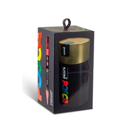 POSCA - UniPOSCA Complete Set of 18 Assorted Acrylic Pens, Medium Tip 2.5 mm - Colours for Children and Artists as Colours for Fabrics, Wood and Others in Gold Gift Box