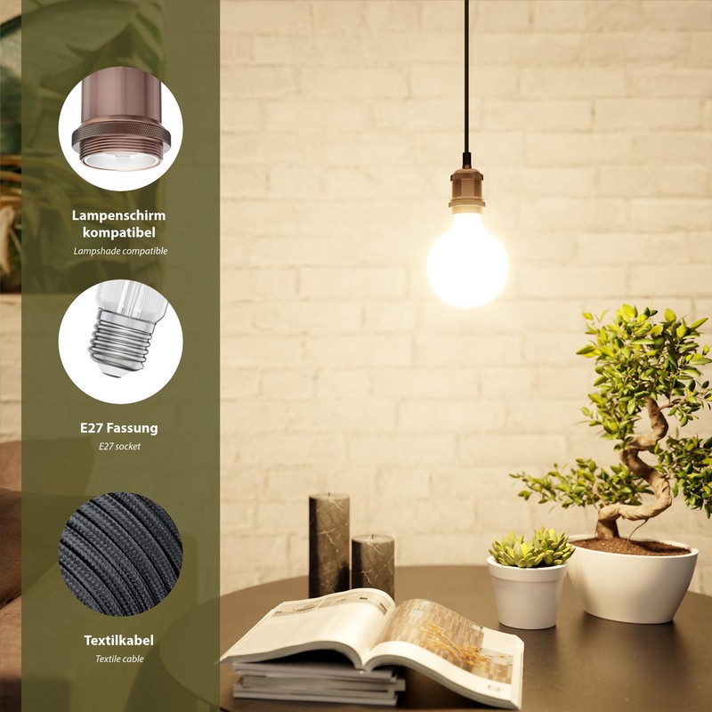 ledscom.de RETRA Pendant Light/Pendant Lamp, Textile Cable, Matte Bronze, 1x