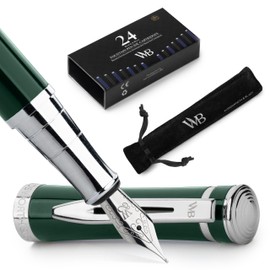 Wordsworth & Black Fountain Pen Set, Medium Nib, Includes 24 Pack Ink Cartridges, Ink Refill Converter & Gift Pouch, Chrome Finish, Calligraphy, [Racing Green], Perfect for Men & Women
