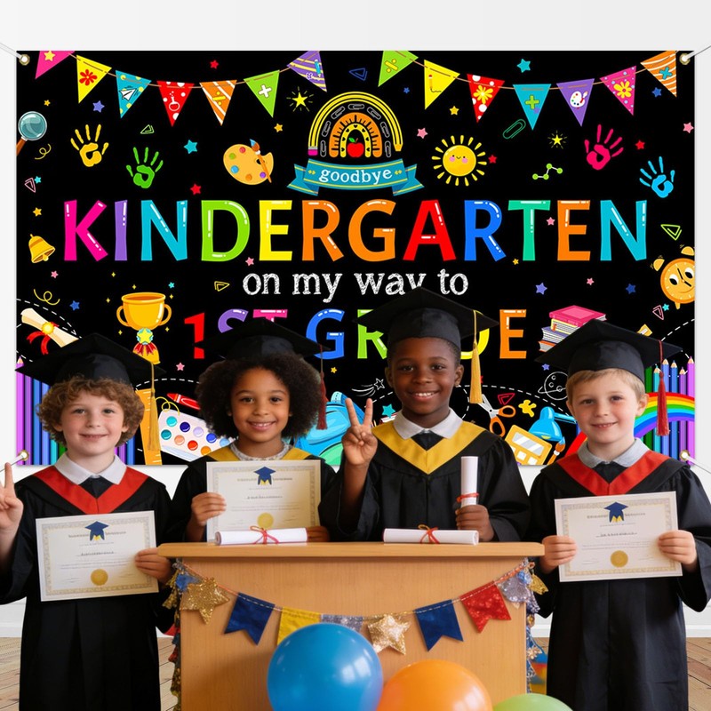 Mocsicka Kindergarten Graduation Backdrop Banner, Goodbye Kindergarten On My Way