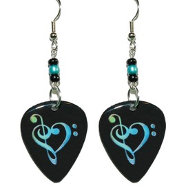 Black With Blue Treble & Bass Clef Heart Guitar Pick Dangle Earrings (GP039)