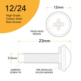 12-24 Rack Screws [50pk] – Rack Mount Screws with Nylon Washers for Server, Network, and Audio Equipment