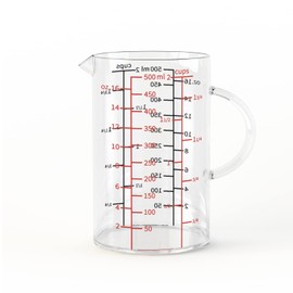 77L Glass Measuring Cup, [Double-Sided Measuring Scale, Insulated handle, V-Shaped Spout], High Borosilicate Glass Measuring Cup for Kitchen or Restaurant, Easy To Read, 500 ML (0.5 Liter, 2 Cup)