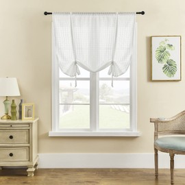 ele ELEOPTION Roman Tie-up Blind Curtain Sheer Seersucker Window Voile Tier Curtain for Bedroom, Living Room, Kitchen, Small Window (White, 100x120cm)