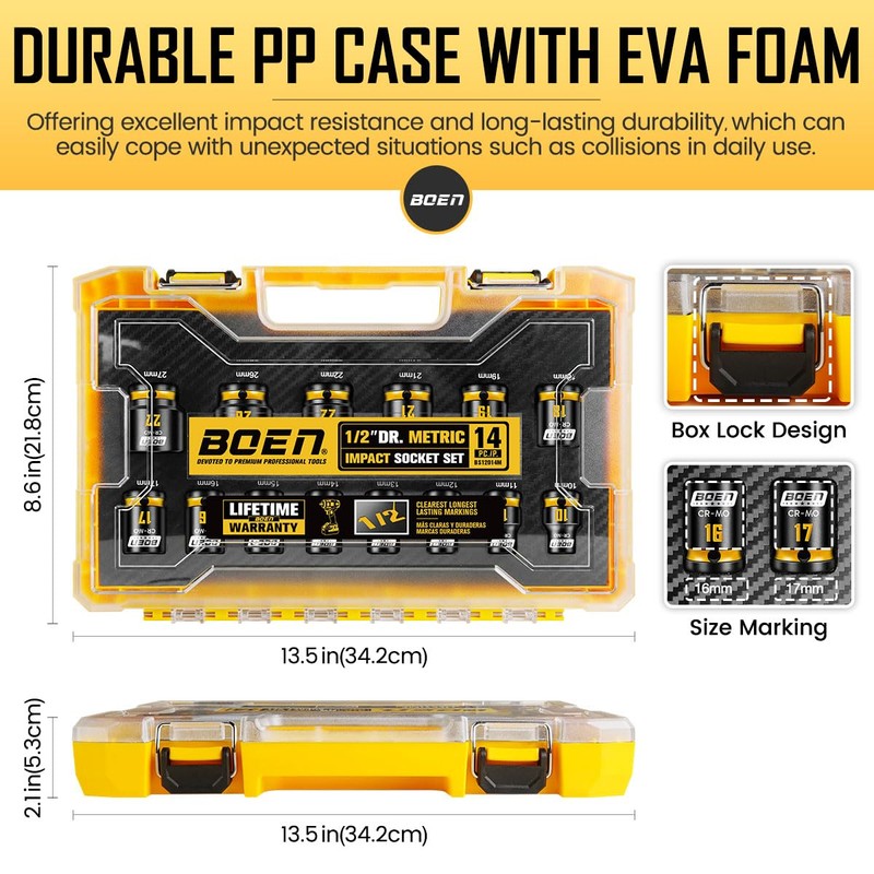 BOEN Pro 1/2" Drive Shallow Impact Socket Set, 14-Piece 6-Point