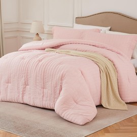 Quataly Pink Oversized Queen Comforter Set - 3 Pieces Seersucker Lightweight Bedding Comforter Sets (1 Soft Fluffy Comforter & 2 Pillowcases) - All Seasons Cozy Cute Bed Sets for Women Girls