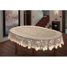 MforStyle Oval Tablecloth Heavy Lace Cream Golden Beige Large Premium Quality 55"x95" (140x241cm)