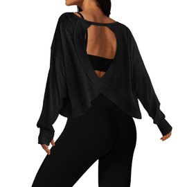 UNIANKIYA Open Back Workout Tops for Women Long Sleeve Cropped Athletic Clothes Gym Running Yoga Low Impact Sports T Shirts Black
