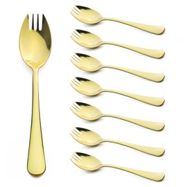 Alata Sporks, 8-Pack Champagne Gold Food-Grade Stainless Steel Sporks, 7.4 inch Long Handle Salad Forks for Dessert, Ice Cream, Salad, Soup, Pasta, Spaghetti, Dishwasher Safe