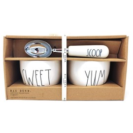 Rae Dunn by Magenta, Unique with Perfect Imperfections. Ice Cream Bowl and Scoop Set. SWEET, YUM, SCOOP, Ceramic, Beige, Black LL. Each Bowl is 4in x 3.5in