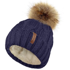 TOSKATOK Ladies Chunky Soft Cable Knit Hat with Cosy Fleece Liner and Detachable Faux Fur Pompom-Navy