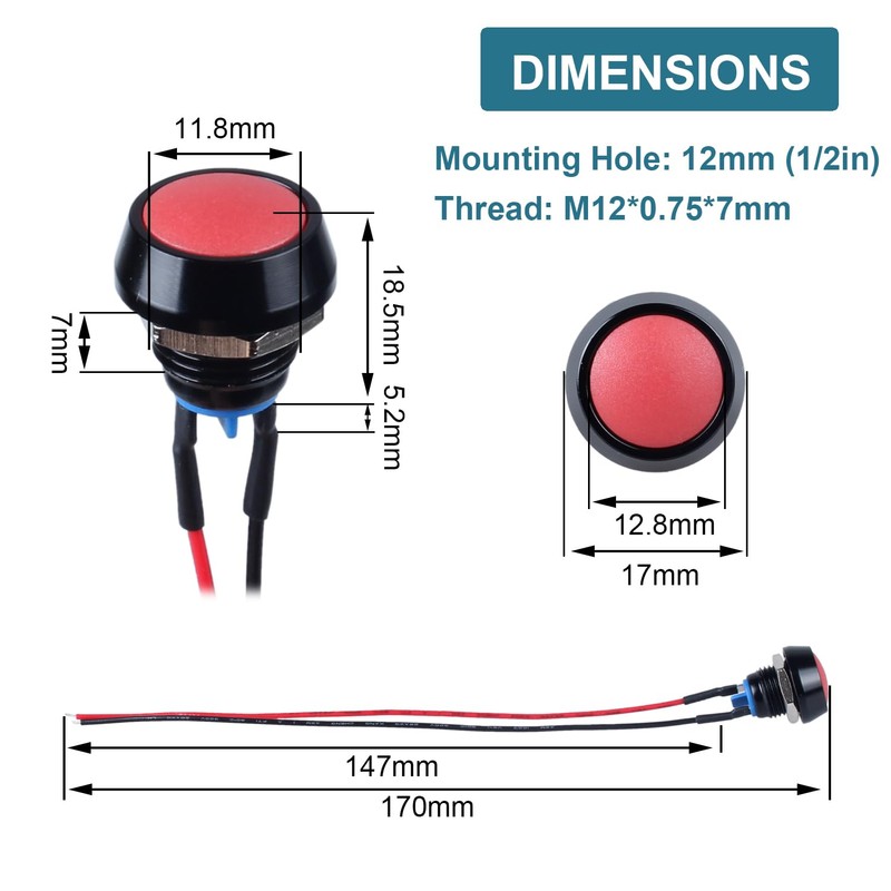DMWD 2pcs 12mm Waterproof Metal Momentary Domed Push Button Switch