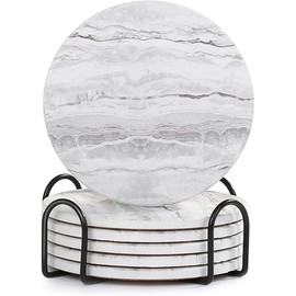 Acejoz Drink Coasters with Holder for Coffee Table, Absorbent Coaster Sets of 6, Marble Style Ceramic Coaster for Wooden Table, Suitable for Kinds of Cups, Home Decor, 4 Inches
