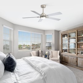 Ceiling Fans with LED Lights, 52 Inch 5-Blade Ceiling Fan Remote Control, Industrial Ceiling Fan with Reversible DC Motor, Downrod Mount LED Ceiling Light Chandelier for Bedroom (Satin Nickel)