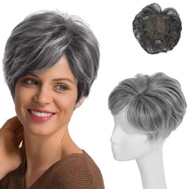 Hair Toppers for Women Short Hair Toppers with Bangs 7" x 7" Cut Short Hair Toppers for Women with Thinning Hair Synthetic Toppers (Grey)