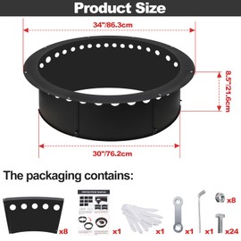 Baitedelai Outdoor Smokeless Fire Pit Ring 34 Inch Outer/30 Inch Inner Diameter, Heavy Duty Metal Round Liner Insert for Outside DIY Campfire or Bonfire Ring, Above or In Ground Use