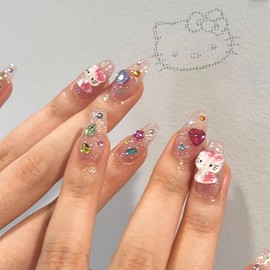 French Fake Nails With Glue - 3D Kawaii Long Coffin French Tip False Nails With Gems And Kitty - Cute Glitter Jelly Pink Press On Nails - Glossy Girls Stick On Nails For Kids Women Nails Art