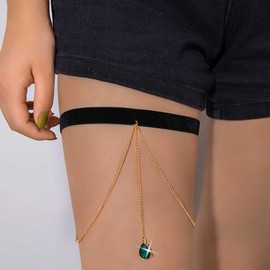 Vacaonio Boho Emerald Thigh Chain Layered Emerald Leg Chain Gold Cz Leg Body Chain Bikini Velvet Thigh Chain Summer Body Chain Jewelry for Women