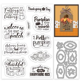 INFUNLY Thanksgiving Day Clear Stamp and Die Cuts for Card Making Blessing Word Clear Stamps Pumpkin Cutting Dies Happy Autumn Die Cuts Rubber Stamps for Holiday DIY Scrapbooking Photo Album Decor