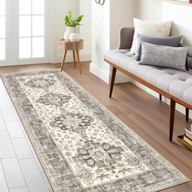 Pauwer Vintage Runner Rug 2x6, Farmhouse Distressed Area Rug, Washable Rug Runner, Non Slip Floor Carpet Runner for Hallways Kitchen Laundry Room Bedroom, Tan Grey